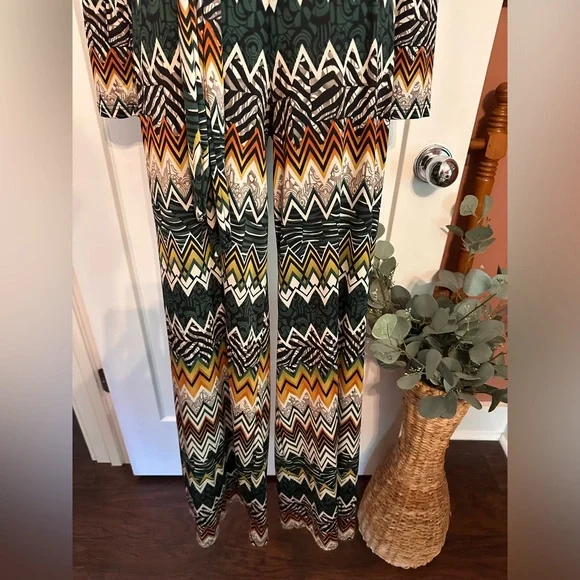 Kathi Rich Emerald zig zag pattern collar S faux wrap belt long sleeve jumpsuit - Picture 7 of 15
